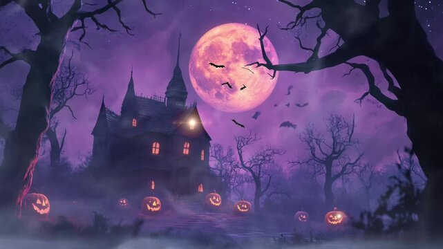 halloween night scene. Virtual 4K video animation background with looping time lapse with very smooth graphics.