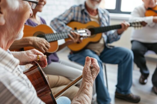 A group of seniors play musical instruments with enthusiasm in a warm setting, showcasing their passion for music and community connection.