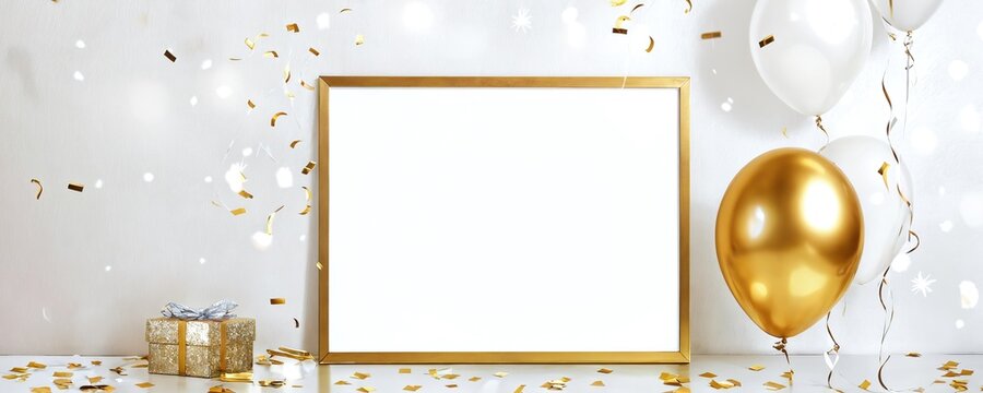 Elegant celebration setup with golden balloons, a gift, and a blank frame for personalized messages on a festive backdrop