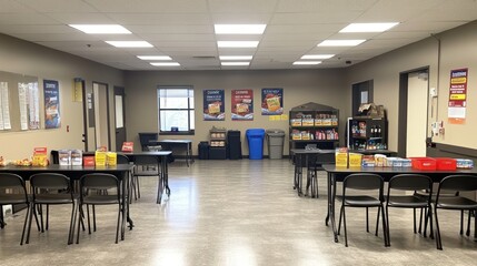 A room set up with tables for food distribution or community support.