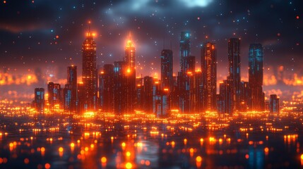 Futuristic Neon Skyline with Glowing Lights at Night Generative AI