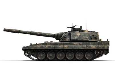 Military Tank with Camouflage Pattern on White Background
