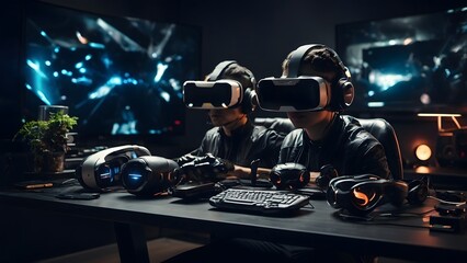 Virtual Reality Gaming Session in a Modern Gaming Room With Immersive Technology and Multiple Screens During Nighttime