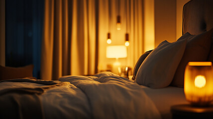 Cozy bedroom at night with warm lighting and soft linens creating a tranquil atmosphere