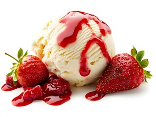 A strawberry and raspberry ice cream with a drizzle of sauce on top. The ice cream is white and the sauce is red