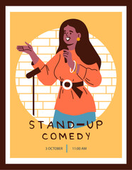 Comedian artist woman with microphone perform stand-up comedy show on stage vector announcement poster, public speaker