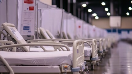 Fototapeta premium A row of hospital beds in a healthcare facility, designed for patient care.