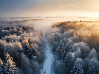 Fototapeta premium Aerial view of a snow-covered forest during sunrise with mist enveloping tall trees and a winding pathway in the winter landscape