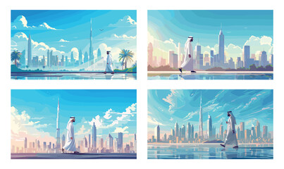 Obraz premium Walking arab man cartoon vector concepts. Muslim character in Kandura coat white cloak beard high towers skyscrapers buildings megapolis cityscape, business travel tourism panoramic scenes