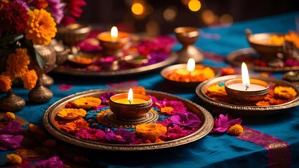Beautifully Arranged Traditional Altar With Decorative Candles and Flowers During Festival Celebration at Night