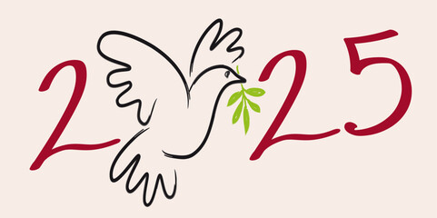 Line illustration of a dove with an olive branch, to wish a year 2025 under the utopian sign of peace in the world.