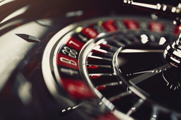 A close-up of a spinning roulette wheel, showcasing the glimmering colors and the anticipation in the air as players await their fortune at the casino.