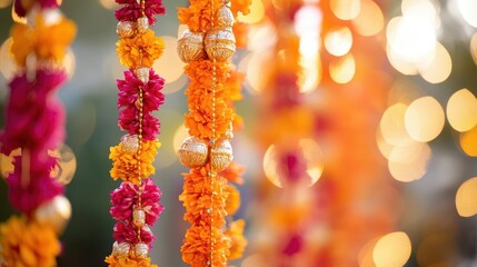 Vibrant marigold garlands enhance festive ambiance with colorful blooms and traditional decor, perfect for celebrations and events.