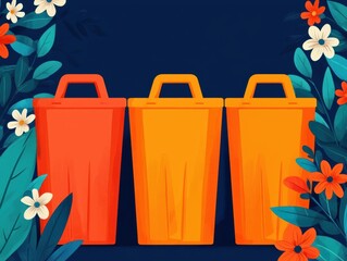 Community members picking up trash along green pathways and gardens, with blooming plants and trees emphasizing the harmony of waste reduction and nature