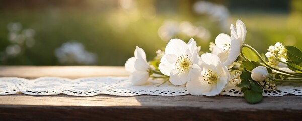 Delicate white flowers resting on a rustic wooden table in a sunlit garden during springtime