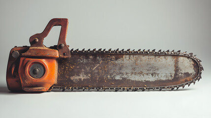 Fototapeta premium Vintage chainsaw with sharp teeth and a rusty orange handle isolated on white surface