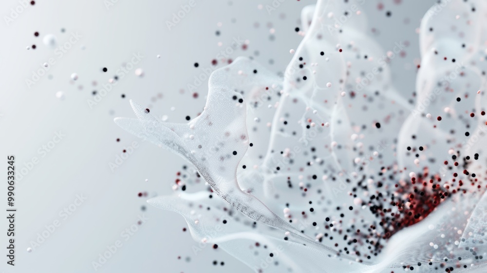 Poster delicate and intricate particle effects forming intricate patterns against a seamless white backdrop