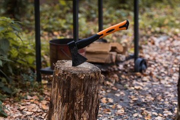 An axe will be stuck into a wooden log. Harvesting firewood for the winter season. Logging on the background of the forest. Lumber, wood-cutting tools.