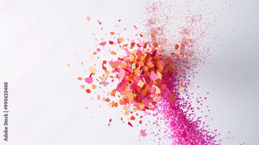 Poster vivid and vibrant particle effects exploding into view against a clean white background, conveying a