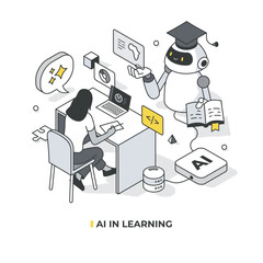 Isometric illustration of AI in learning. A woman student listens to a robot lecturer wearing a student hat, holding a book. Surrounding elements include an AI speech bubble, a server, and flashcards