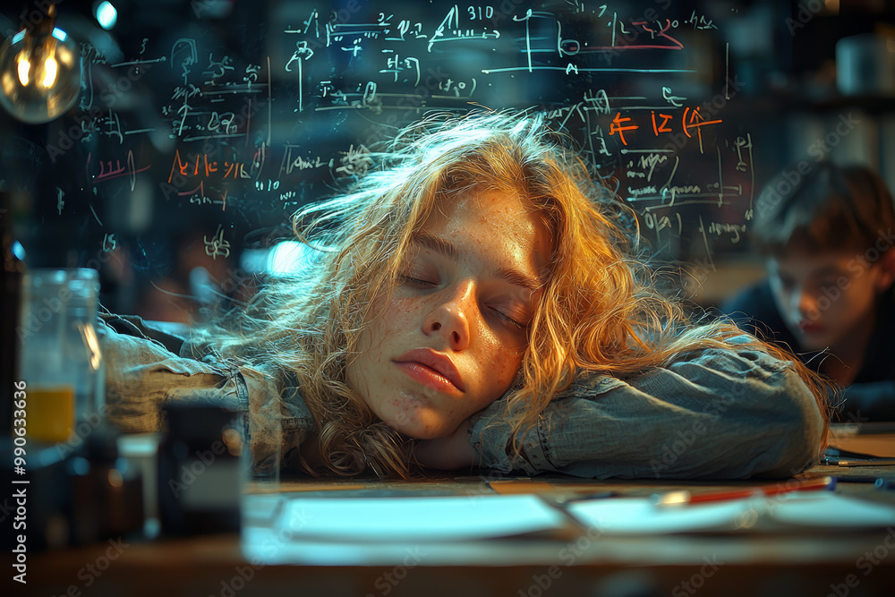 Poster a teacher in front of a chalkboard filled with nonsensical equations and symbols, frantically writin