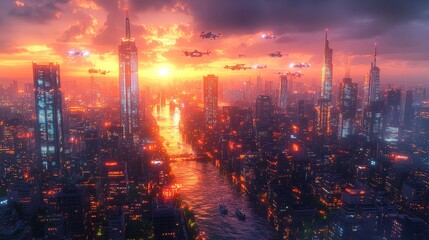 Fototapeta premium Drone-Filled Sky Over a Neon-Lit Futuristic City Generative AI