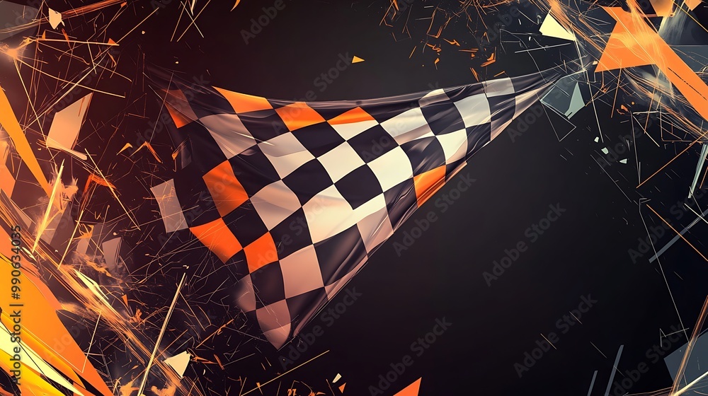Aufkleber checkered flag waving with abstract orange and black background.