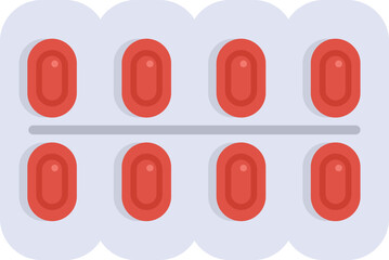 Blister pack containing red oval shape pills is lying on white background, representing medical treatment, healthcare and pharmacy industry