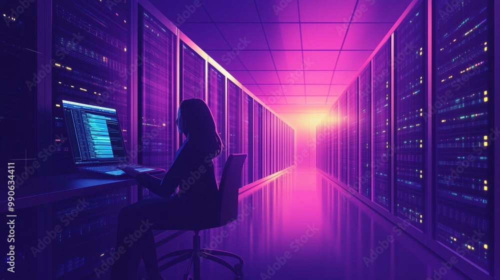 Poster a data analyst working at dusk in a modern server room illuminated by purple lights and glowing scre