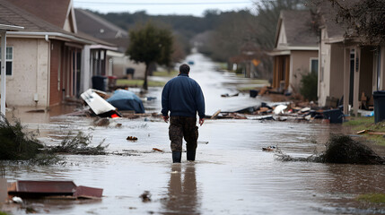 Back view man walks through flooded street surrounded by damaged homes