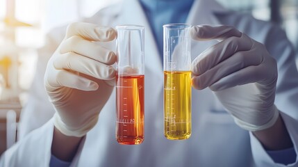 Scientist Holding Two Glass Test Tubes with Yellow and Orange Liquid