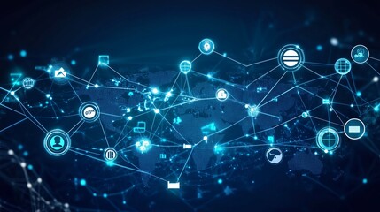 A global network of connections illustrated through bright blue lines and digital icons depicting technology and communication