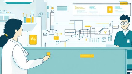 A scientist interacts with a digital interface in a lab setting, showcasing technology and innovation.