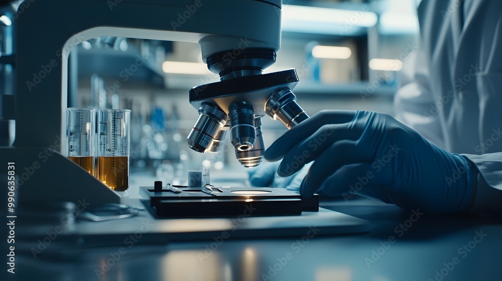 Poster gloved hand adjusting microscope lens in lab setting