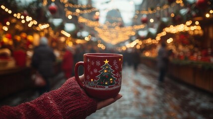 Cozy Christmas Market with Hot Chocolate Mug Generative AI