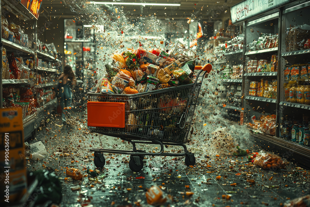 Aufkleber a shopper with a cart piled so high with groceries that they can't see over the top, crashing into e