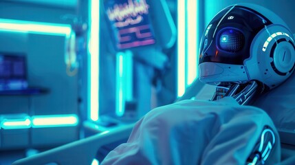 AI robot assisting a patient in a glowing digital hospital room, Futuristic healthcare, Blue tones, Neon accents