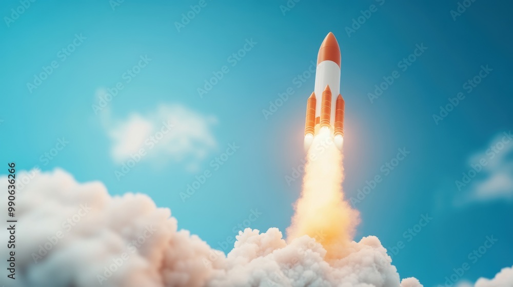 Poster a rocket launching into the sky, smoke trails creating a dramatic display of speed and power.