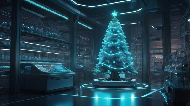 Futuristic christmas tree standing in laboratory setting
