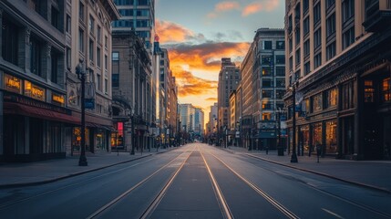A serene city street at sunset, showcasing empty roads and buildings.