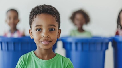 International families sorting plastics, metals, and paper into recycling bins, with earth in the background, representing global environmental collaboration