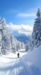 Skier skiing downhill in snowy mountains