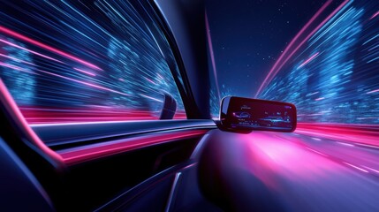 Obraz premium An interior view of a self driving car with advanced driver assistance systems and holographic displays.