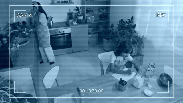 CCTV shot of mother in apron and hairband bringing utensils and ingredients from cupboard to table, preparing to bake cookies with little daughter who drawing in kitchen