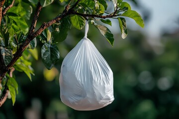 A plastic bag caught on a tree branch, gently swaying in the wind, highlighting pollution and environmental issues.