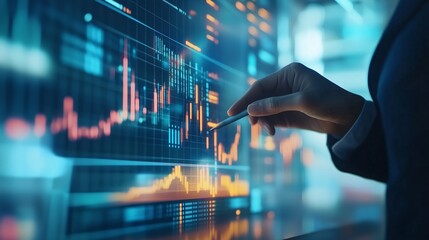 A business professional analyzes financial data trends on a digital screen in a modern office environment during the afternoon