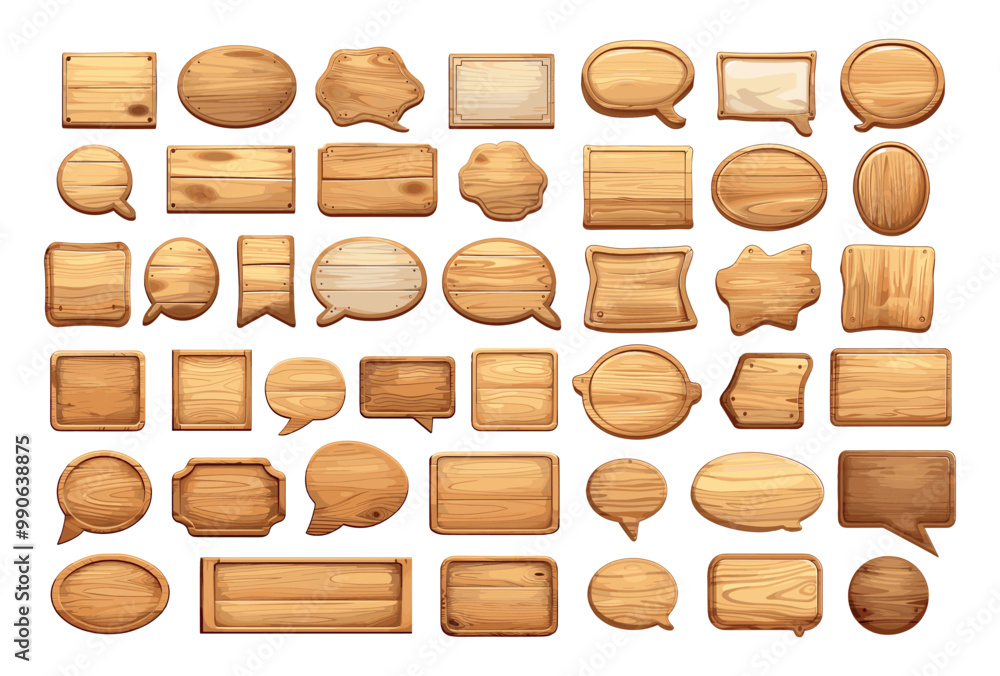 Poster wooden speech bubbles cartoon vector set. square rectangular round signs frames empty message comics