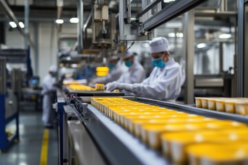 Photo of production process in food factory workers packing food in boxes in fast moving machines. Food factory produces food with advanced technology system and good quality.