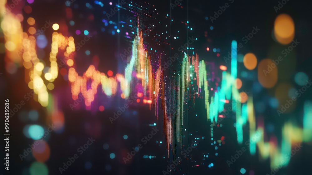Poster abstract background of colorful lines and lights on a black background.