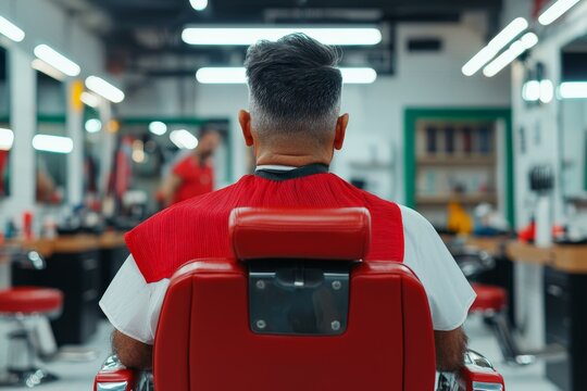 A man with a salt-and-pepper beard gets a haircut at a barbershop, focusing on precise grooming and care for his hair and beard.